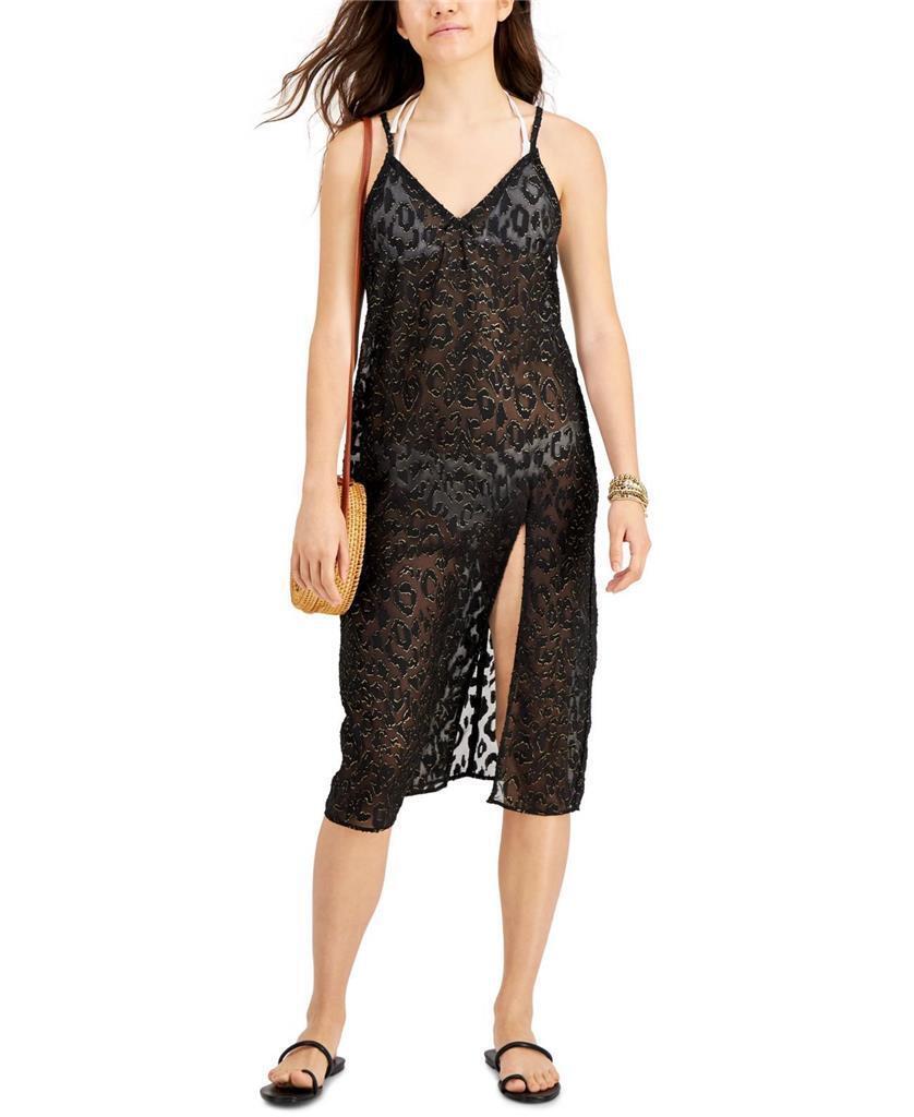 MIKEN Women's Textured Slit Dress Deep V Neck Metallic Swimsuit Cover Up L